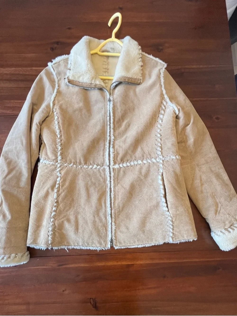 Vintage Y2K leather Sherpa Jacket Shearling Style Coat Aviator Beige Warm - Picture 2 of 16